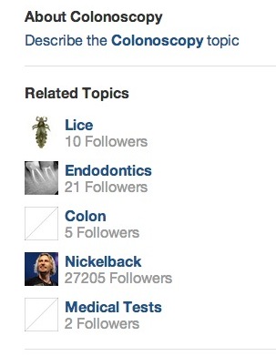 Related topics to the "Colonoscopy" topic include "Nickelback."