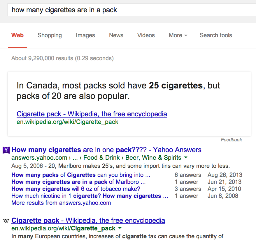 How many cigarettes are in a pack? Answer card in Google SERP